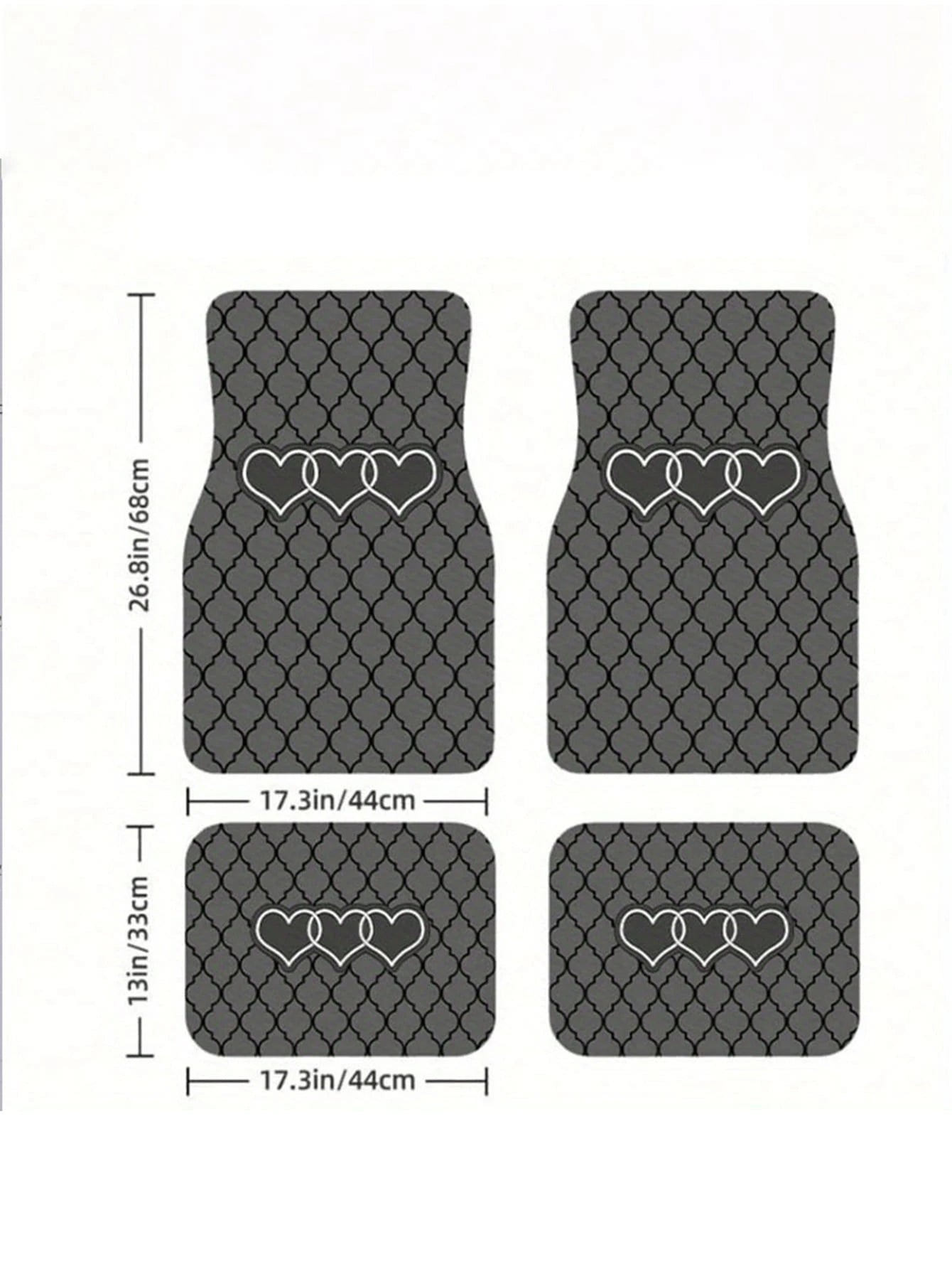 4pcs Black & Gray Geometric Heart Car Floor Mats| 2D Flat Design, Durable All-Weather Polyester Material, Easy To Clean| Suitable For Sedan & SUV, Fashionable Interior Accessory, Perfect Gift