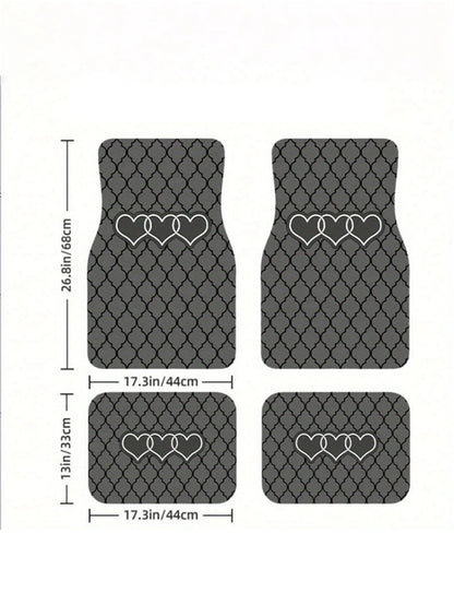 4pcs Black & Gray Geometric Heart Car Floor Mats| 2D Flat Design, Durable All-Weather Polyester Material, Easy To Clean| Suitable For Sedan & SUV, Fashionable Interior Accessory, Perfect Gift