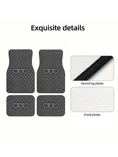 4pcs Black & Gray Geometric Heart Car Floor Mats| 2D Flat Design, Durable All-Weather Polyester Material, Easy To Clean| Suitable For Sedan & SUV, Fashionable Interior Accessory, Perfect Gift