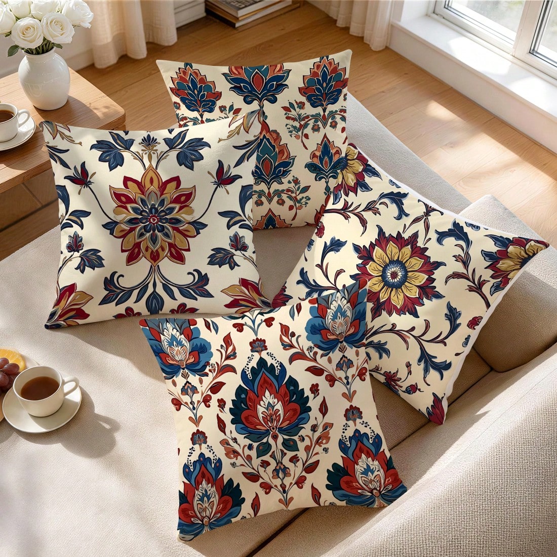 4pcs Bohemian Floral Pattern Pillow Covers Without Inserts, Single-Sided Printed Pillow Covers, Suitable For Living Room, Bedroom, Home Decor, All Season Pillow Covers