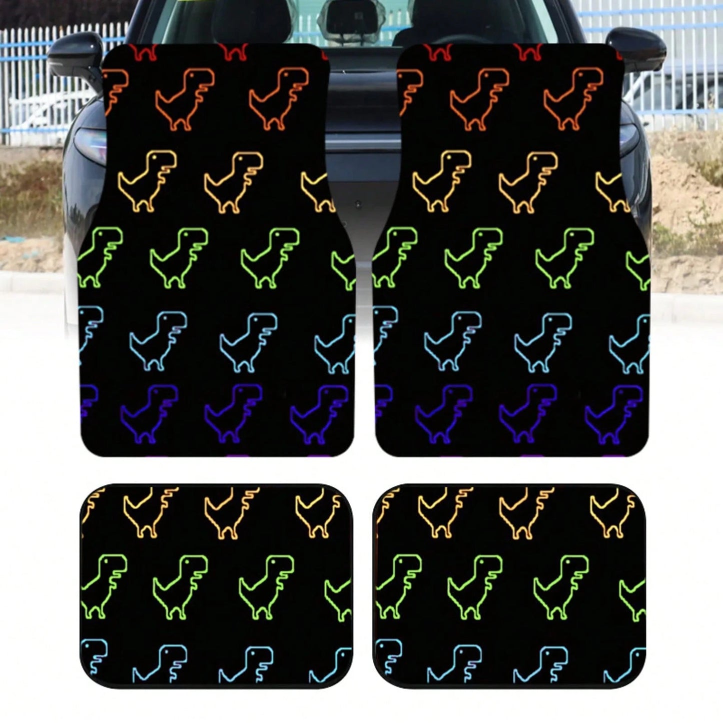 4Pcs Gradient Dinosaur Print Design Car Floor Mats, Universal Car Interior Mats, Suitable For Various Sedans And SUV Models, Interior Decorative Mats, Wear-Resistant And Non-Slip, Car-Specific Floor M