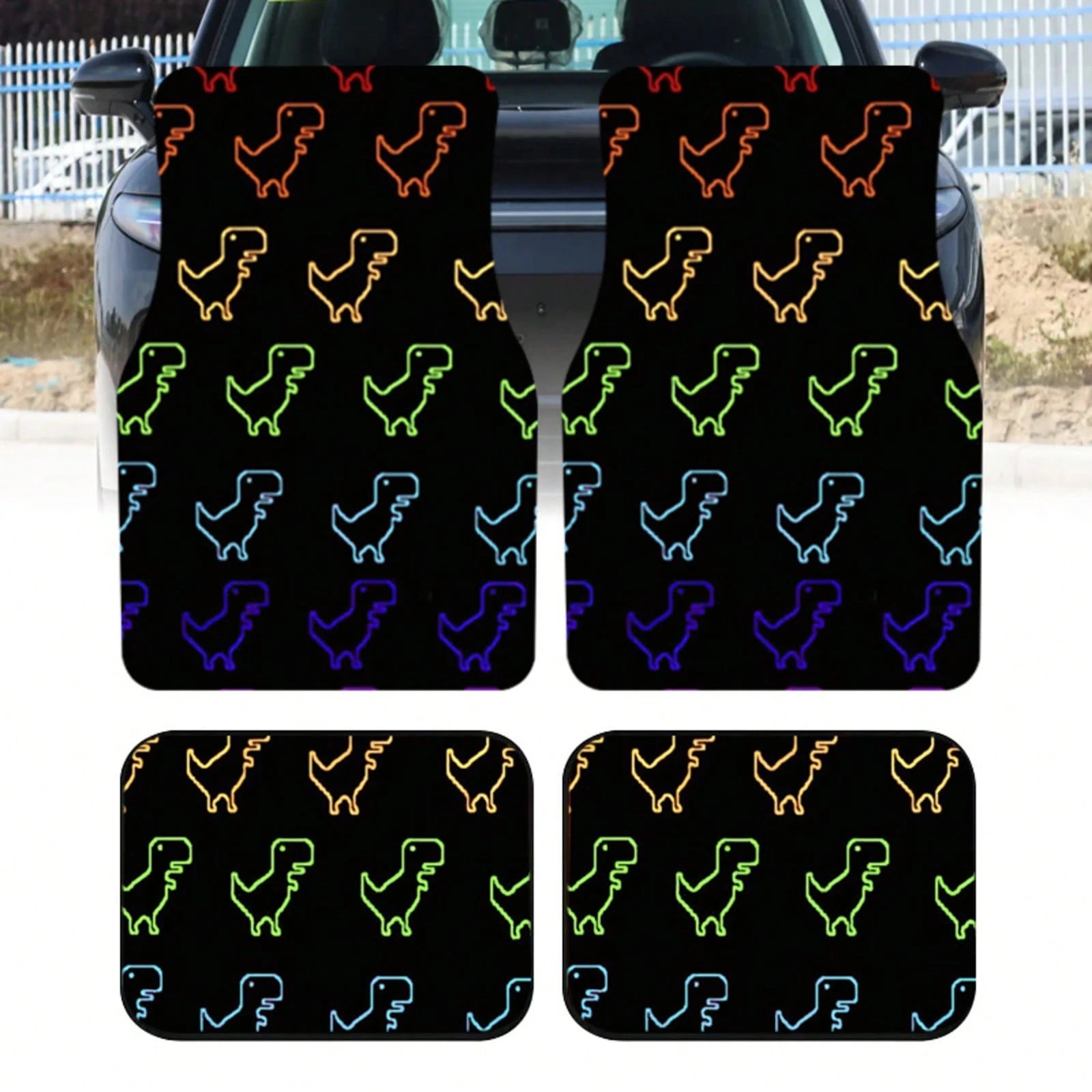 4Pcs Gradient Dinosaur Print Design Car Floor Mats, Universal Car Interior Mats, Suitable For Various Sedans And SUV Models, Interior Decorative Mats, Wear-Resistant And Non-Slip, Car-Specific Floor M