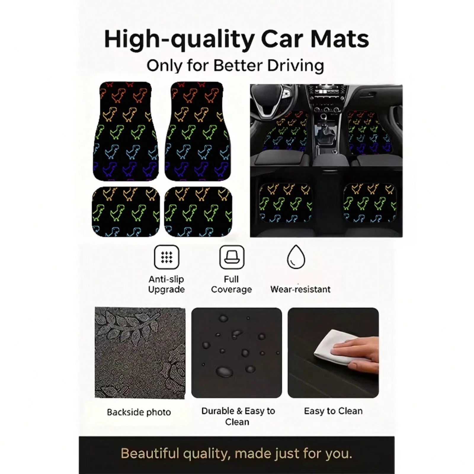 4Pcs Gradient Dinosaur Print Design Car Floor Mats, Universal Car Interior Mats, Suitable For Various Sedans And SUV Models, Interior Decorative Mats, Wear-Resistant And Non-Slip, Car-Specific Floor M