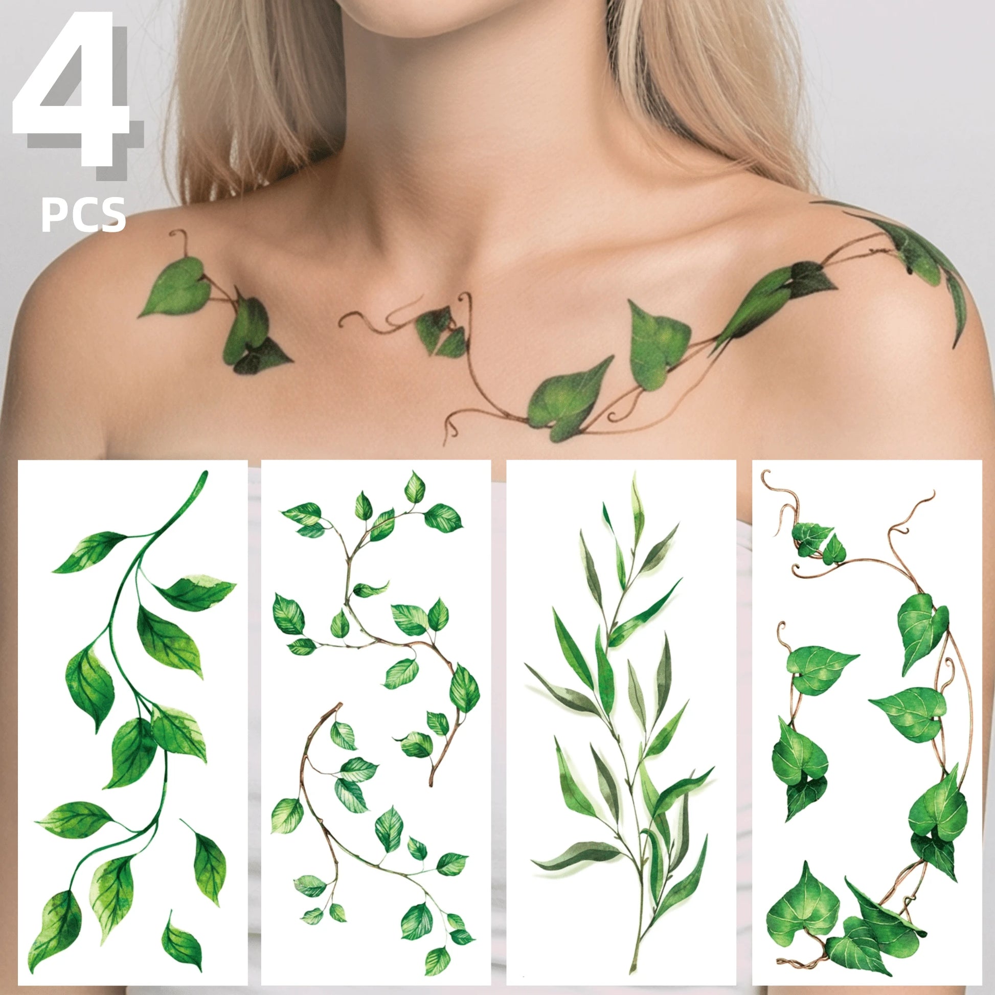 4pcs Green Leaf And Vine Pattern Temporary Tattoo Stickers, Suitable For Women, Music Festival, Cosplay, Party Holiday Decoration, Applicable To Arms, Chest, Back And Other Large Areas, Waterproof Fak