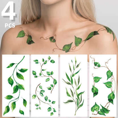 4pcs Green Leaf And Vine Pattern Temporary Tattoo Stickers, Suitable For Women, Music Festival, Cosplay, Party Holiday Decoration, Applicable To Arms, Chest, Back And Other Large Areas, Waterproof Fak