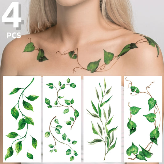 4pcs Green Leaf And Vine Pattern Temporary Tattoo Stickers, Suitable For Women, Music Festival, Cosplay, Party Holiday Decoration, Applicable To Arms, Chest, Back And Other Large Areas, Waterproof Fak