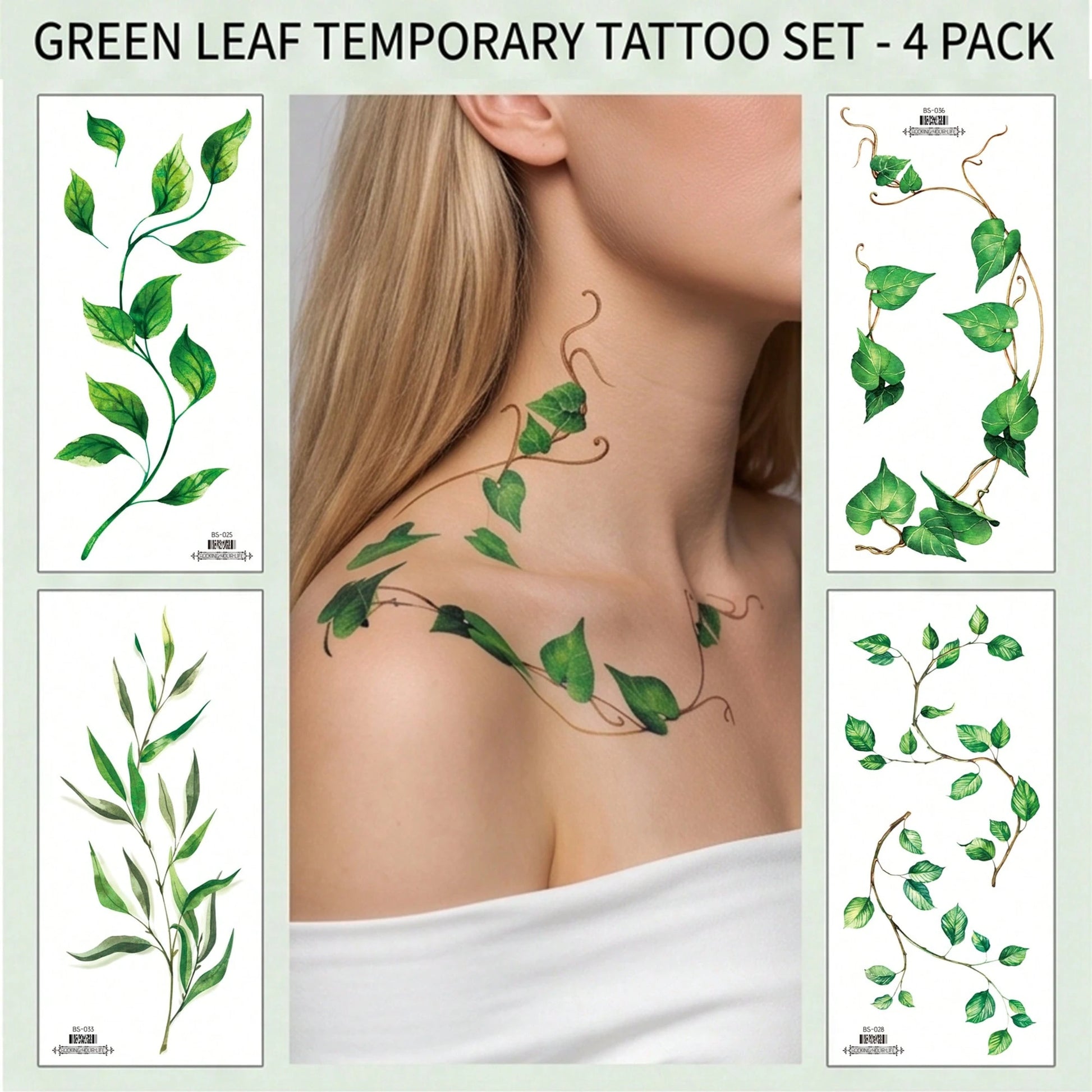 4pcs Green Leaf And Vine Pattern Temporary Tattoo Stickers, Suitable For Women, Music Festival, Cosplay, Party Holiday Decoration, Applicable To Arms, Chest, Back And Other Large Areas, Waterproof Fak
