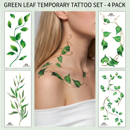 4pcs Green Leaf And Vine Pattern Temporary Tattoo Stickers, Suitable For Women, Music Festival, Cosplay, Party Holiday Decoration, Applicable To Arms, Chest, Back And Other Large Areas, Waterproof Fak