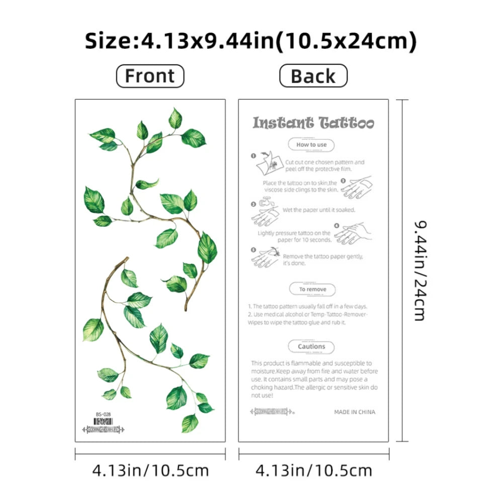 4pcs Green Leaf And Vine Pattern Temporary Tattoo Stickers, Suitable For Women, Music Festival, Cosplay, Party Holiday Decoration, Applicable To Arms, Chest, Back And Other Large Areas, Waterproof Fak