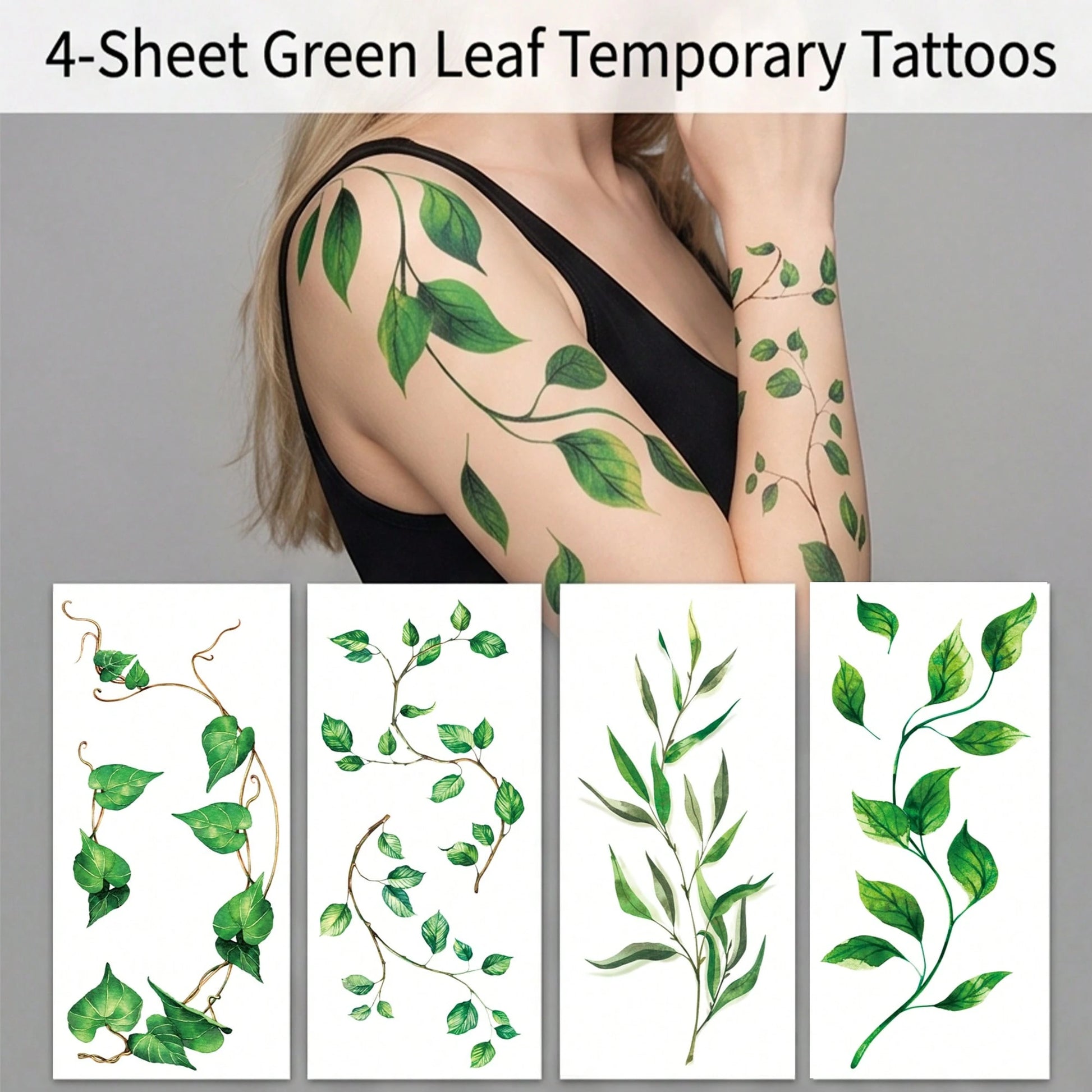 4pcs Green Leaf And Vine Pattern Temporary Tattoo Stickers, Suitable For Women, Music Festival, Cosplay, Party Holiday Decoration, Applicable To Arms, Chest, Back And Other Large Areas, Waterproof Fak