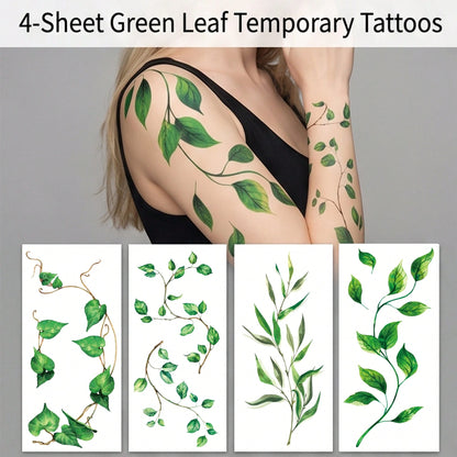 4pcs Green Leaf And Vine Pattern Temporary Tattoo Stickers, Suitable For Women, Music Festival, Cosplay, Party Holiday Decoration, Applicable To Arms, Chest, Back And Other Large Areas, Waterproof Fak