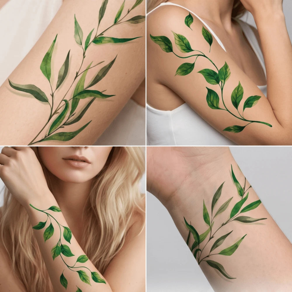 4pcs Green Leaf And Vine Pattern Temporary Tattoo Stickers, Suitable For Women, Music Festival, Cosplay, Party Holiday Decoration, Applicable To Arms, Chest, Back And Other Large Areas, Waterproof Fak