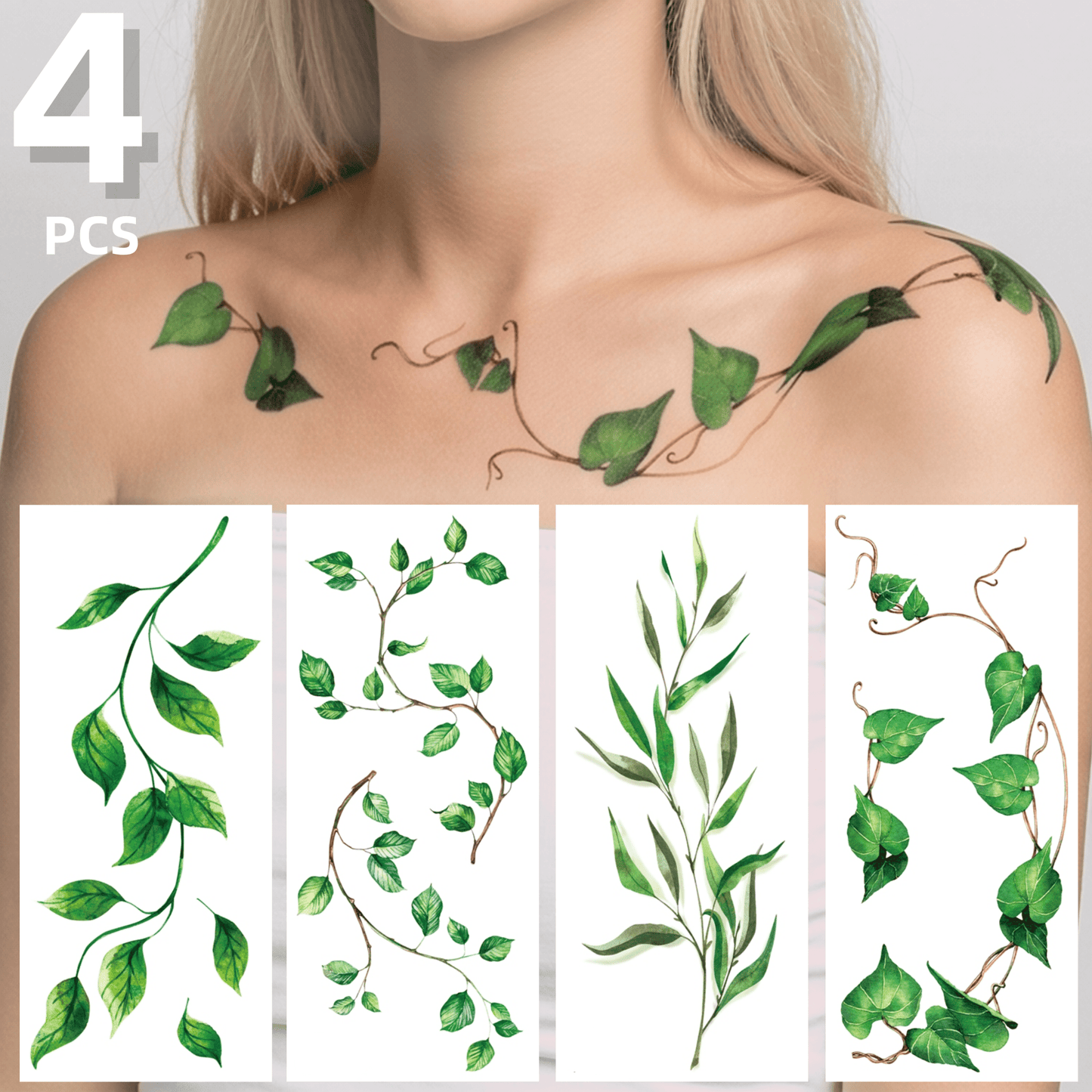 4pcs Green Leaf And Vine Pattern Temporary Tattoo Stickers, Suitable For Women, Music Festival, Cosplay, Party Holiday Decoration, Applicable To Arms, Chest, Back And Other Large Areas, Waterproof Fak