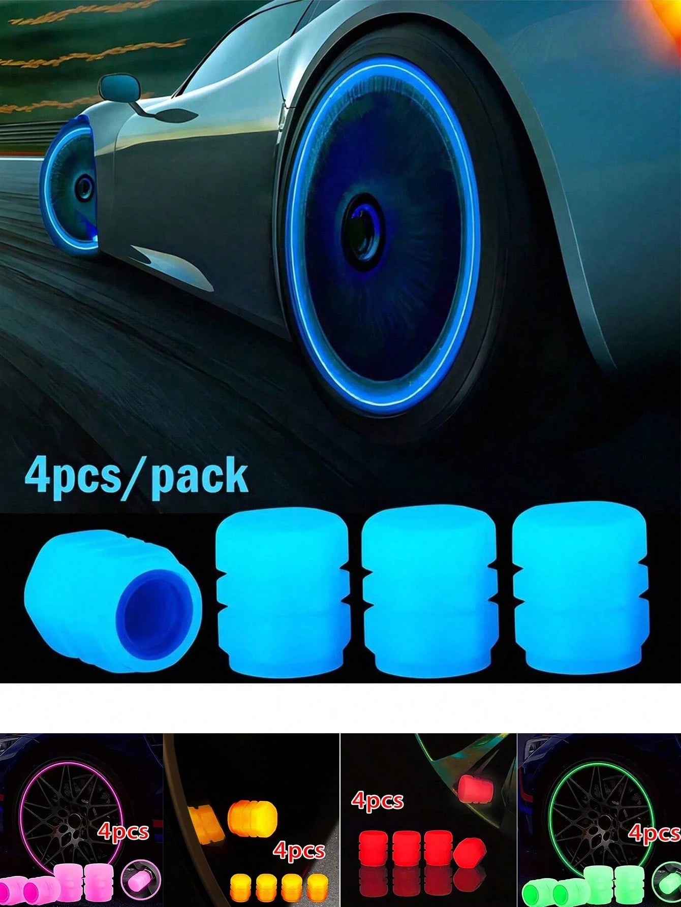 4pcs Luminous Car Tire Valve Cap Car Glow-In-The-Dark Valve Stem Caps For Car, Bicycle, Motorcycle, Fluorescent Glow-In-The-Dark Valve Stem Caps (Does Not Emit Light Itself)