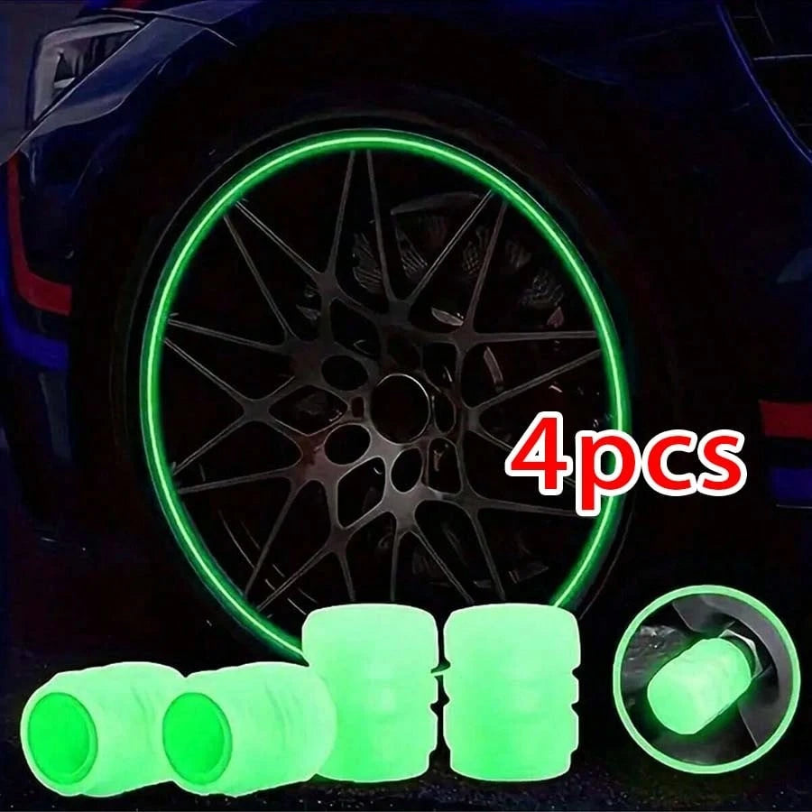 4pcs Luminous Car Tire Valve Cap Car Glow-In-The-Dark Valve Stem Caps For Car, Bicycle, Motorcycle, Fluorescent Glow-In-The-Dark Valve Stem Caps (Does Not Emit Light Itself)