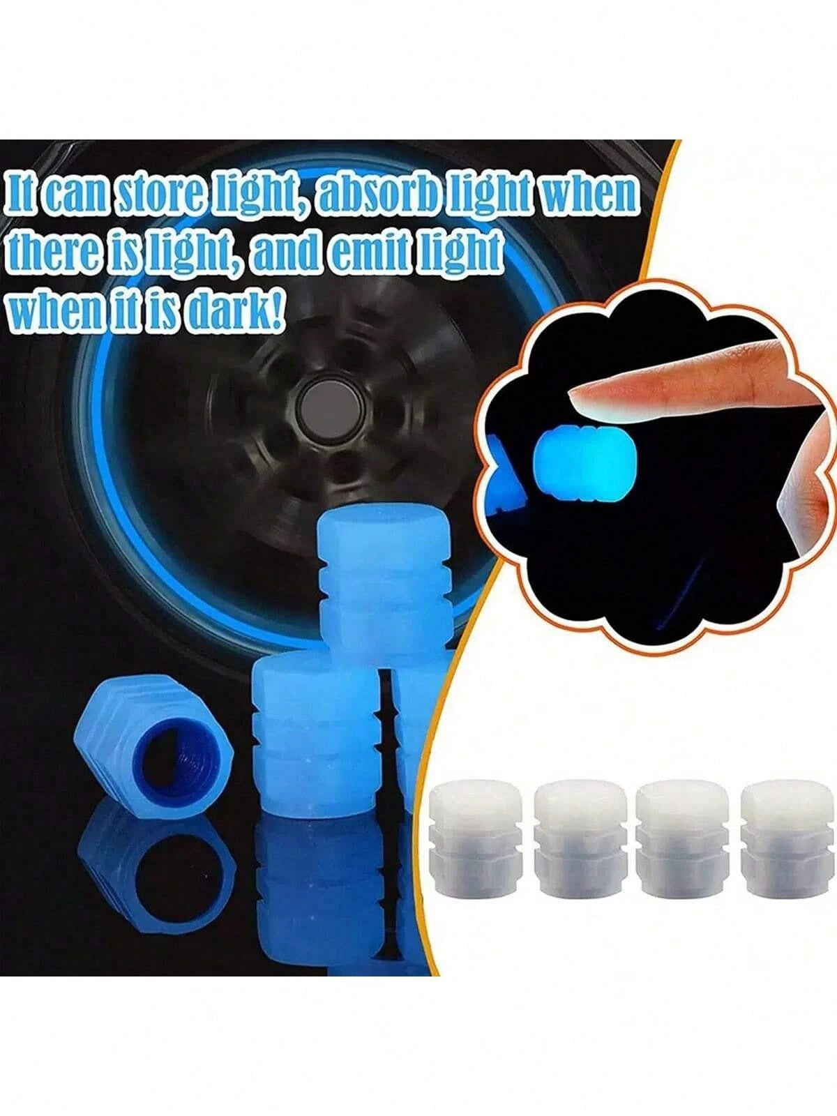 4pcs Luminous Car Tire Valve Cap Car Glow-In-The-Dark Valve Stem Caps For Car, Bicycle, Motorcycle, Fluorescent Glow-In-The-Dark Valve Stem Caps (Does Not Emit Light Itself)
