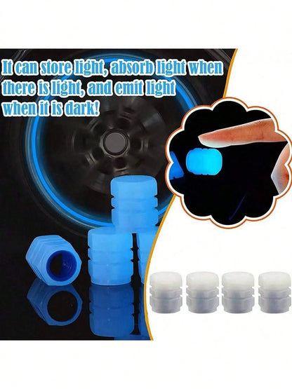 4pcs Luminous Car Tire Valve Cap Car Glow-In-The-Dark Valve Stem Caps For Car, Bicycle, Motorcycle, Fluorescent Glow-In-The-Dark Valve Stem Caps (Does Not Emit Light Itself)