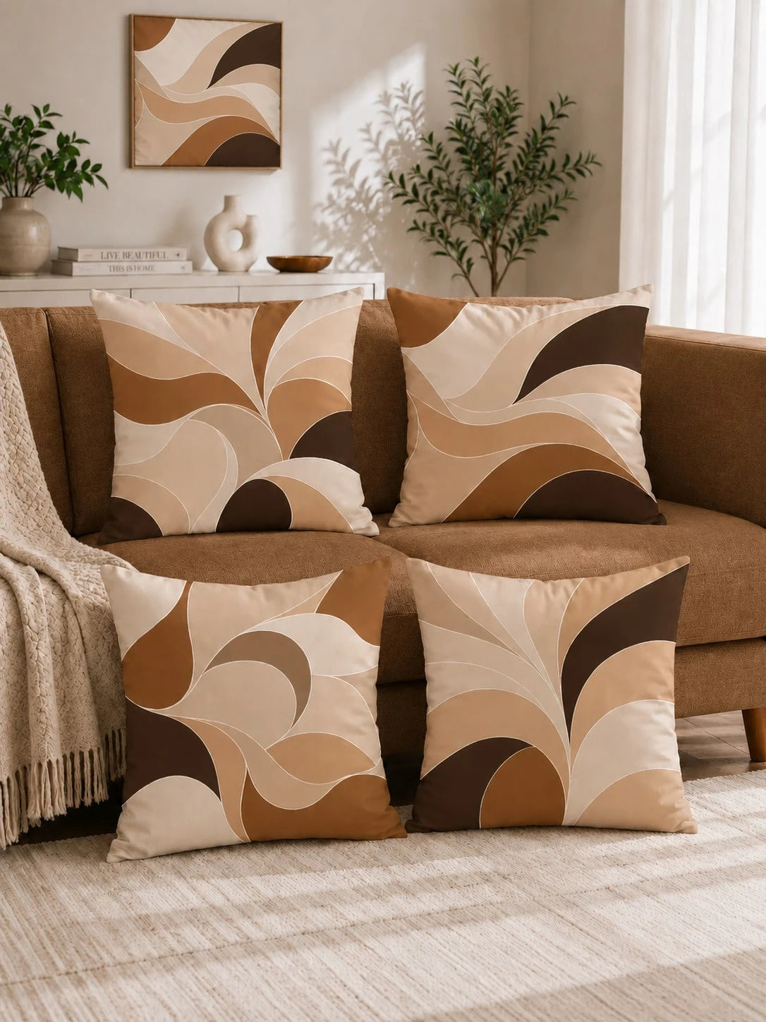 4pcs Milk Tea Brown Abstract Wave Print Pillow Covers [No Pillow Insert], 17.7*17.7in(45*45cm)/19.69*19.69in(50*50cm)/15.75*15.75in(40*40cm), [Single-Sided Printing] Made Of Polyester Material Earth T