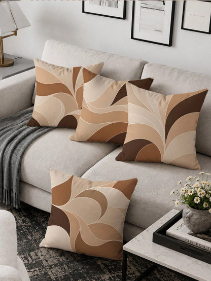 4pcs Milk Tea Brown Abstract Wave Print Pillow Covers [No Pillow Insert], 17.7*17.7in(45*45cm)/19.69*19.69in(50*50cm)/15.75*15.75in(40*40cm), [Single-Sided Printing] Made Of Polyester Material Earth T
