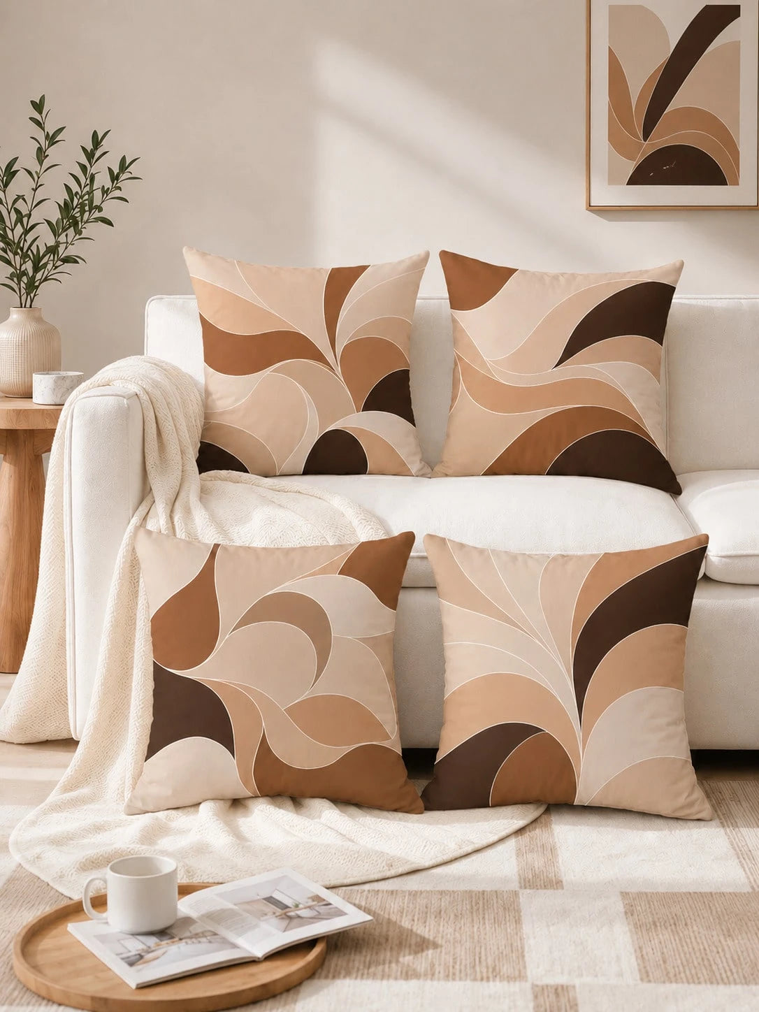 4pcs Milk Tea Brown Abstract Wave Print Pillow Covers [No Pillow Insert], 17.7*17.7in(45*45cm)/19.69*19.69in(50*50cm)/15.75*15.75in(40*40cm), [Single-Sided Printing] Made Of Polyester Material Earth T