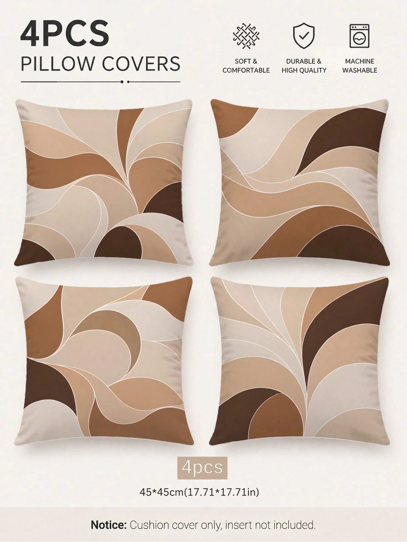 4pcs Milk Tea Brown Abstract Wave Print Pillow Covers [No Pillow Insert], 17.7*17.7in(45*45cm)/19.69*19.69in(50*50cm)/15.75*15.75in(40*40cm), [Single-Sided Printing] Made Of Polyester Material Earth T