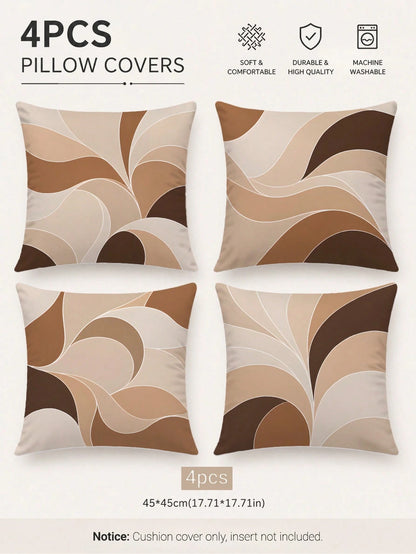 4pcs Milk Tea Brown Abstract Wave Print Pillow Covers [No Pillow Insert], 17.7*17.7in(45*45cm)/19.69*19.69in(50*50cm)/15.75*15.75in(40*40cm), [Single-Sided Printing] Made Of Polyester Material Earth T