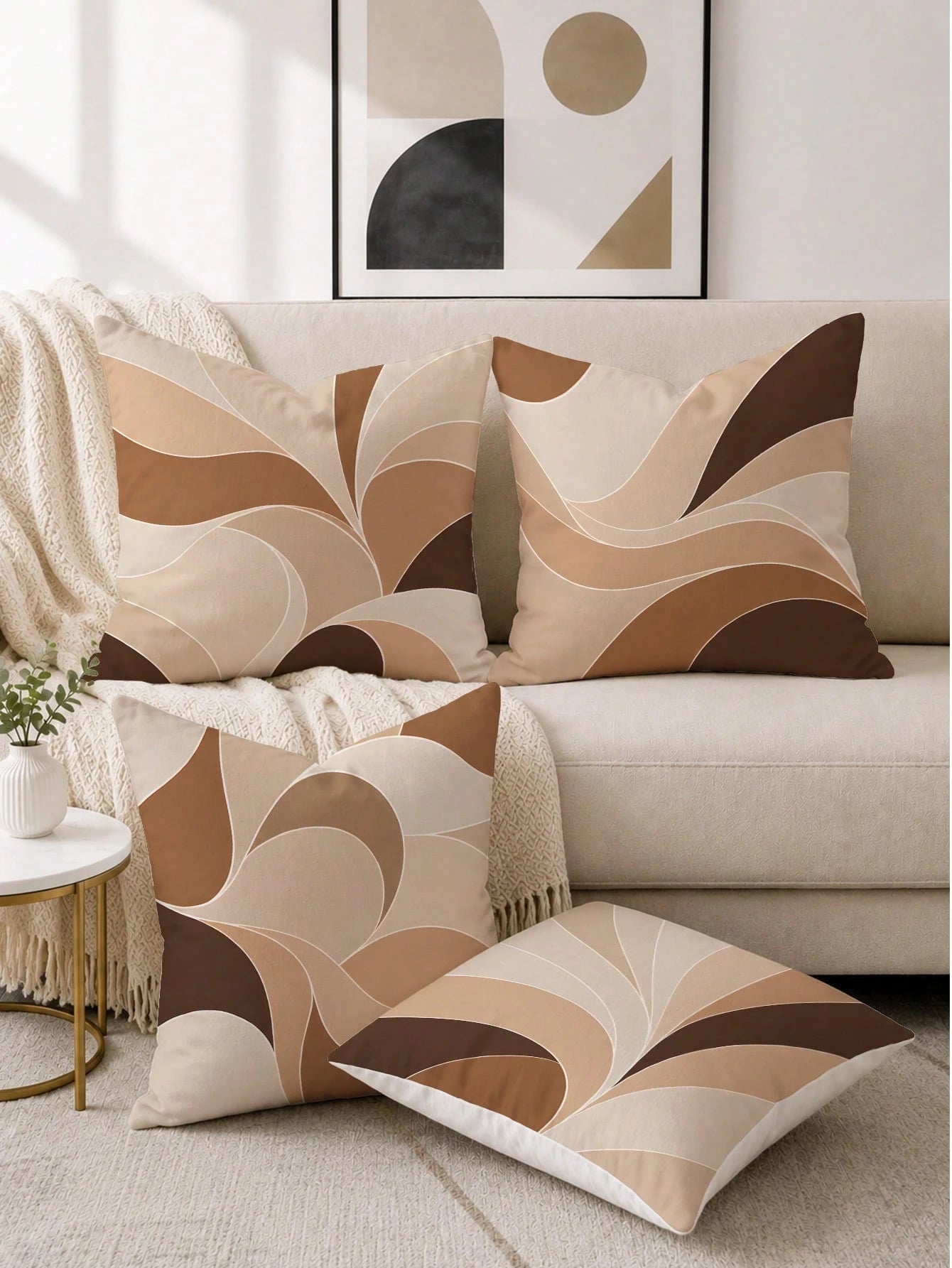 4pcs Milk Tea Brown Abstract Wave Print Pillow Covers [No Pillow Insert], 17.7*17.7in(45*45cm)/19.69*19.69in(50*50cm)/15.75*15.75in(40*40cm), [Single-Sided Printing] Made Of Polyester Material Earth T
