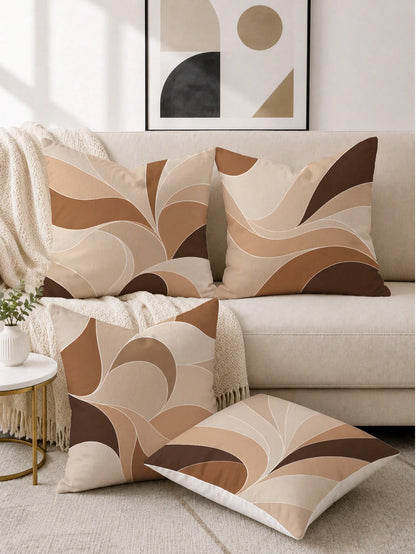 4pcs Milk Tea Brown Abstract Wave Print Pillow Covers [No Pillow Insert], 17.7*17.7in(45*45cm)/19.69*19.69in(50*50cm)/15.75*15.75in(40*40cm), [Single-Sided Printing] Made Of Polyester Material Earth T