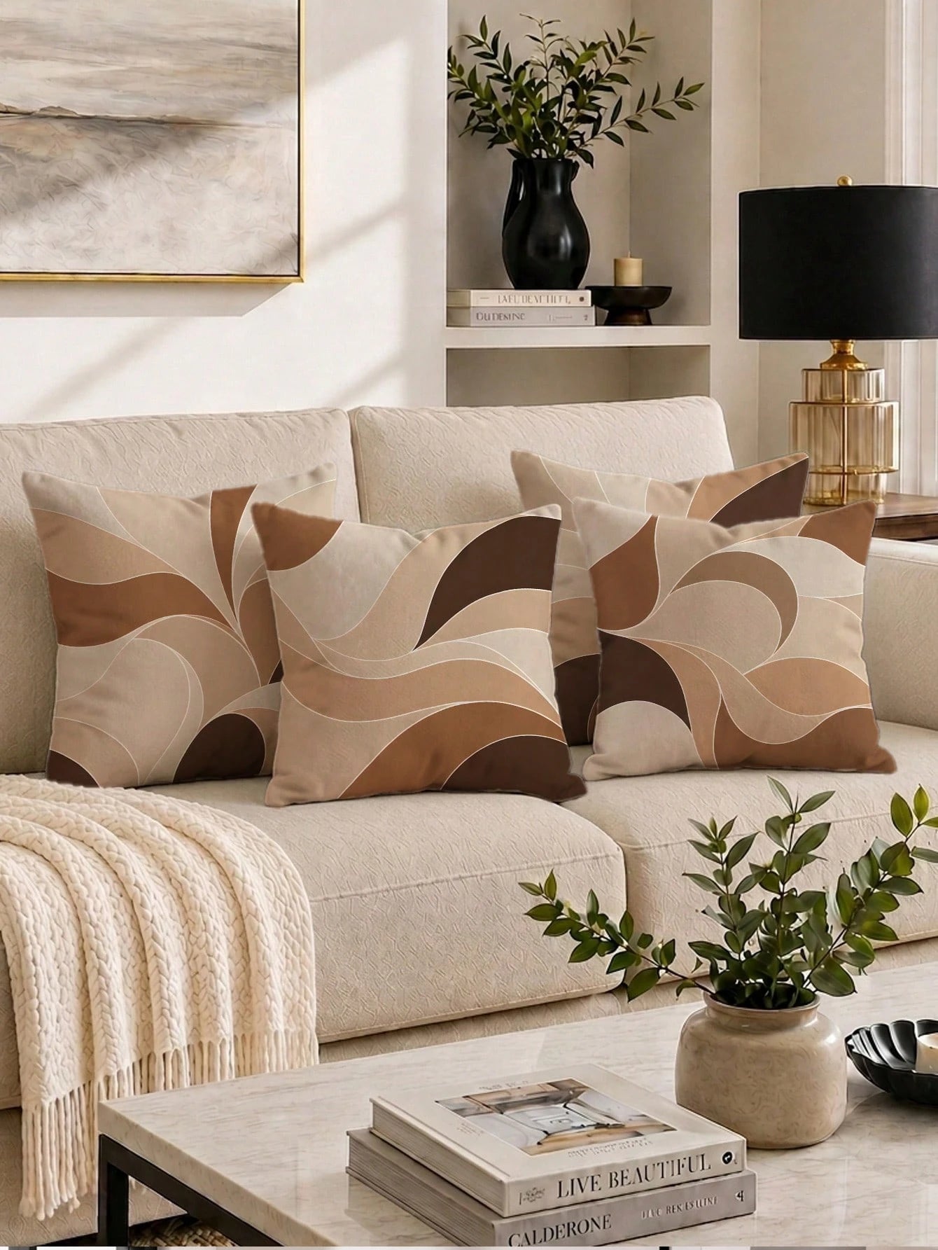 4pcs Milk Tea Brown Abstract Wave Print Pillow Covers [No Pillow Insert], 17.7*17.7in(45*45cm)/19.69*19.69in(50*50cm)/15.75*15.75in(40*40cm), [Single-Sided Printing] Made Of Polyester Material Earth T