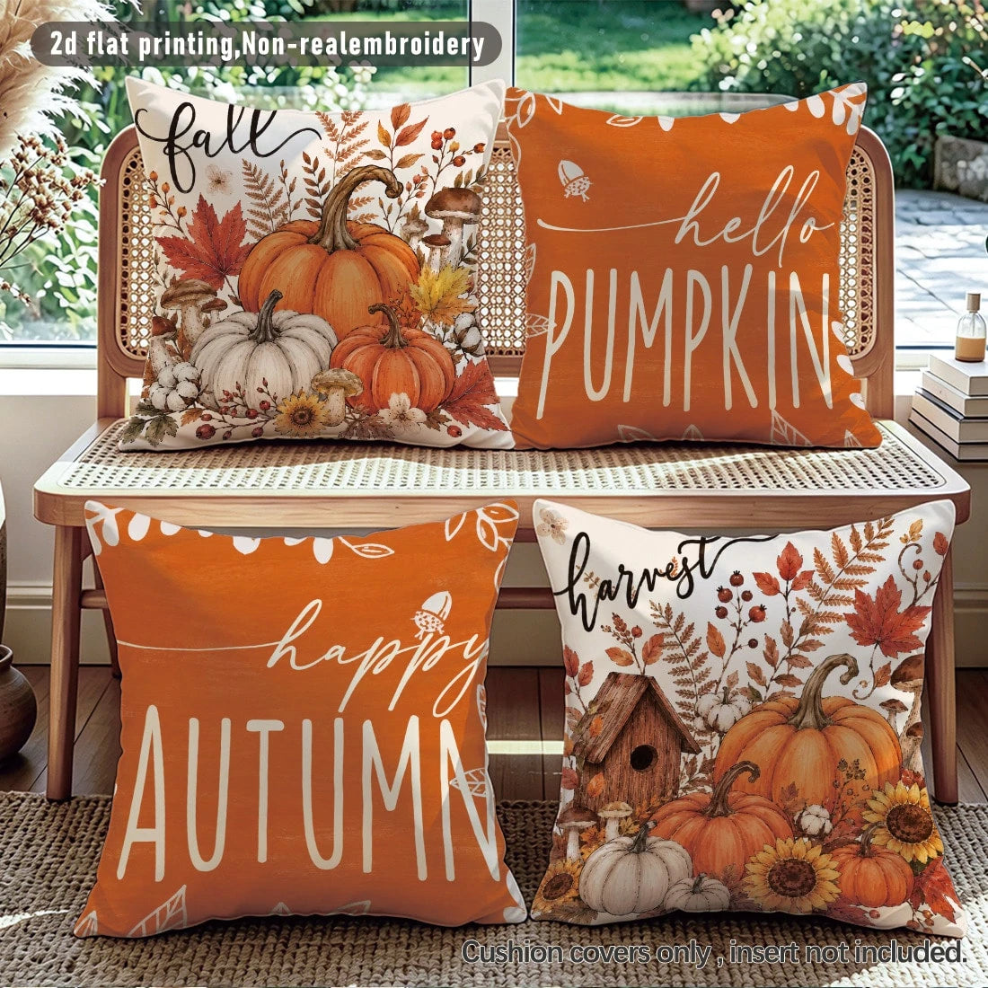 4pcs Minimalist Autumn Pumpkin Maple Leaf Mushroom Floral Cushion Covers, Single-Sided Printed Peach Skin Velvet Polyester Material, 45*45CM/18*18inch Pillow Covers Suitable For Room Decoration, Moder