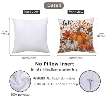 4pcs Minimalist Autumn Pumpkin Maple Leaf Mushroom Floral Cushion Covers, Single-Sided Printed Peach Skin Velvet Polyester Material, 45*45CM/18*18inch Pillow Covers Suitable For Room Decoration, Moder