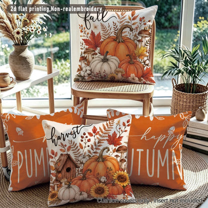 4pcs Minimalist Autumn Pumpkin Maple Leaf Mushroom Floral Cushion Covers, Single-Sided Printed Peach Skin Velvet Polyester Material, 45*45CM/18*18inch Pillow Covers Suitable For Room Decoration, Moder
