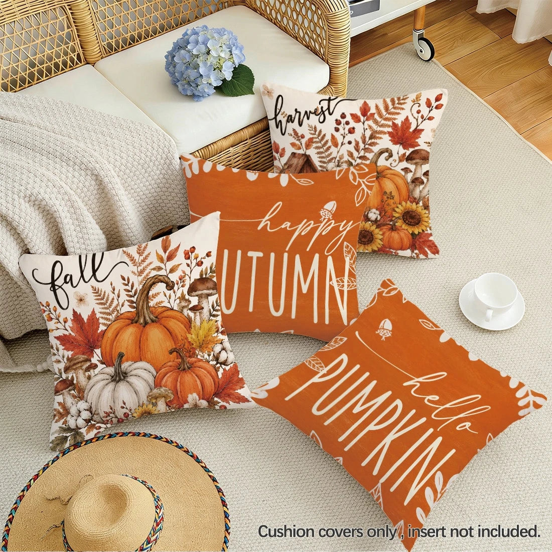 4pcs Minimalist Autumn Pumpkin Maple Leaf Mushroom Floral Cushion Covers, Single-Sided Printed Peach Skin Velvet Polyester Material, 45*45CM/18*18inch Pillow Covers Suitable For Room Decoration, Moder