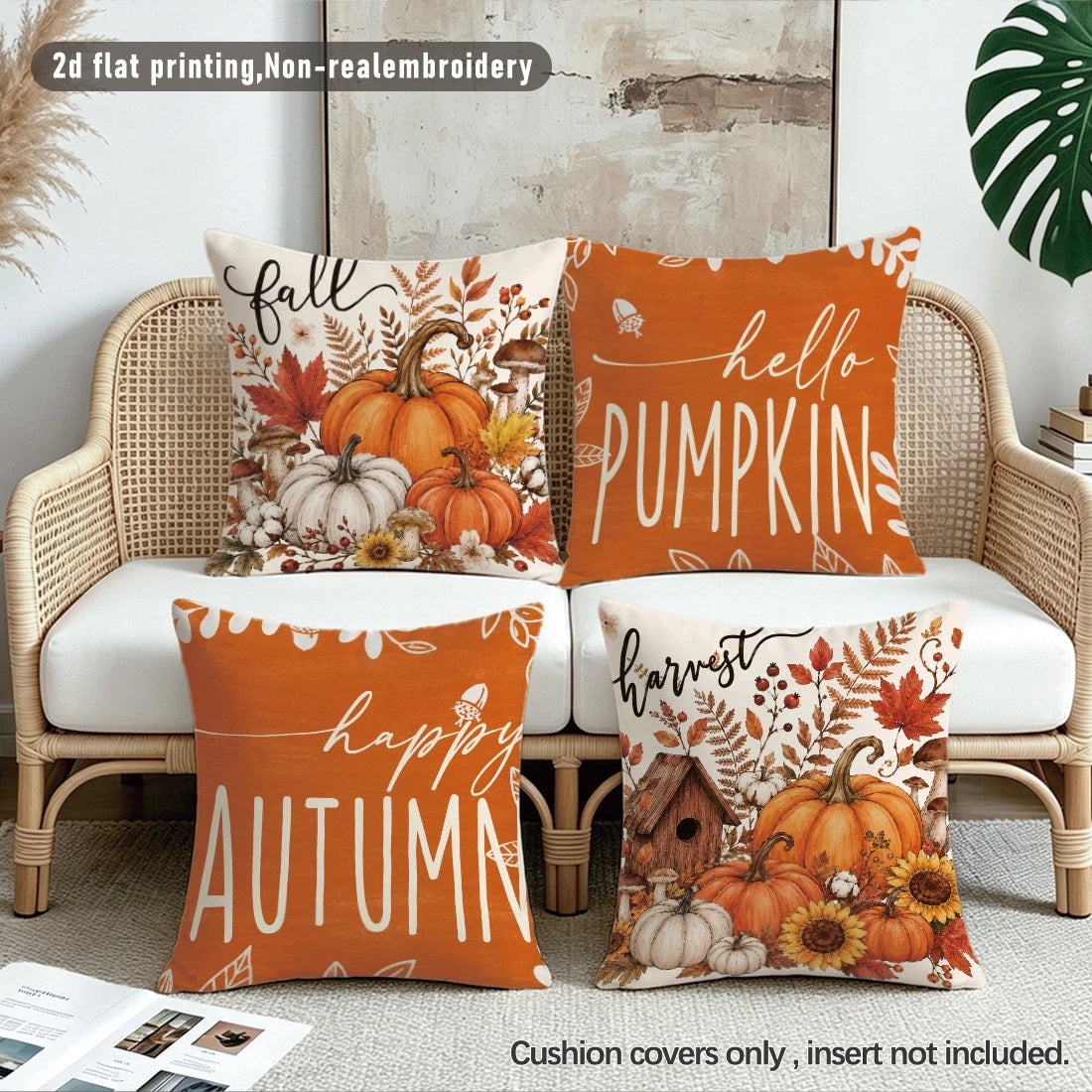 4pcs Minimalist Autumn Pumpkin Maple Leaf Mushroom Floral Cushion Covers, Single-Sided Printed Peach Skin Velvet Polyester Material, 45*45CM/18*18inch Pillow Covers Suitable For Room Decoration, Moder