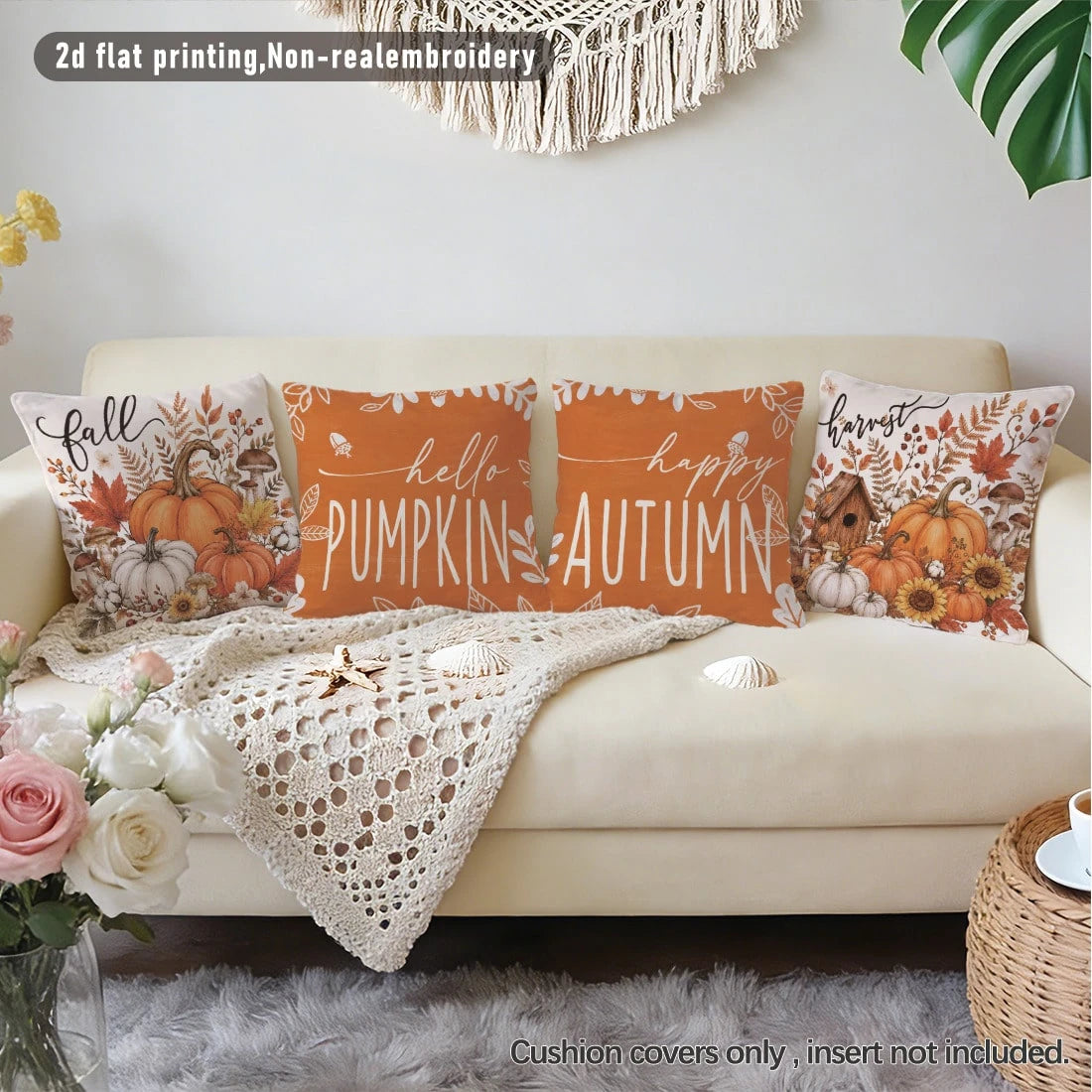 4pcs Minimalist Autumn Pumpkin Maple Leaf Mushroom Floral Cushion Covers, Single-Sided Printed Peach Skin Velvet Polyester Material, 45*45CM/18*18inch Pillow Covers Suitable For Room Decoration, Moder