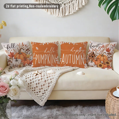 4pcs Minimalist Autumn Pumpkin Maple Leaf Mushroom Floral Cushion Covers, Single-Sided Printed Peach Skin Velvet Polyester Material, 45*45CM/18*18inch Pillow Covers Suitable For Room Decoration, Moder