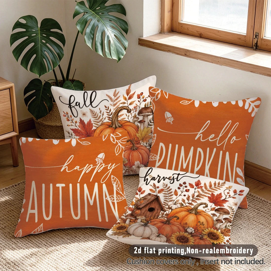 4pcs Minimalist Autumn Pumpkin Maple Leaf Mushroom Floral Cushion Covers, Single-Sided Printed Peach Skin Velvet Polyester Material, 45*45CM/18*18inch Pillow Covers Suitable For Room Decoration, Moder