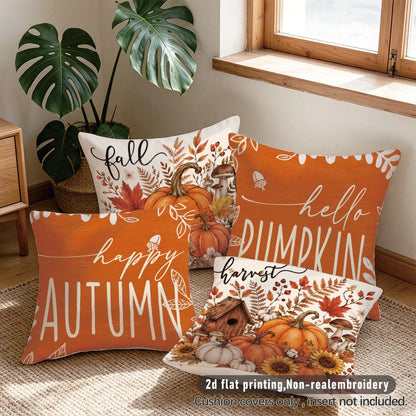 4pcs Minimalist Autumn Pumpkin Maple Leaf Mushroom Floral Cushion Covers, Single-Sided Printed Peach Skin Velvet Polyester Material, 45*45CM/18*18inch Pillow Covers Suitable For Room Decoration, Moder