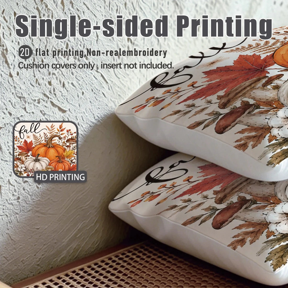 4pcs Minimalist Autumn Pumpkin Maple Leaf Mushroom Floral Cushion Covers, Single-Sided Printed Peach Skin Velvet Polyester Material, 45*45CM/18*18inch Pillow Covers Suitable For Room Decoration, Moder