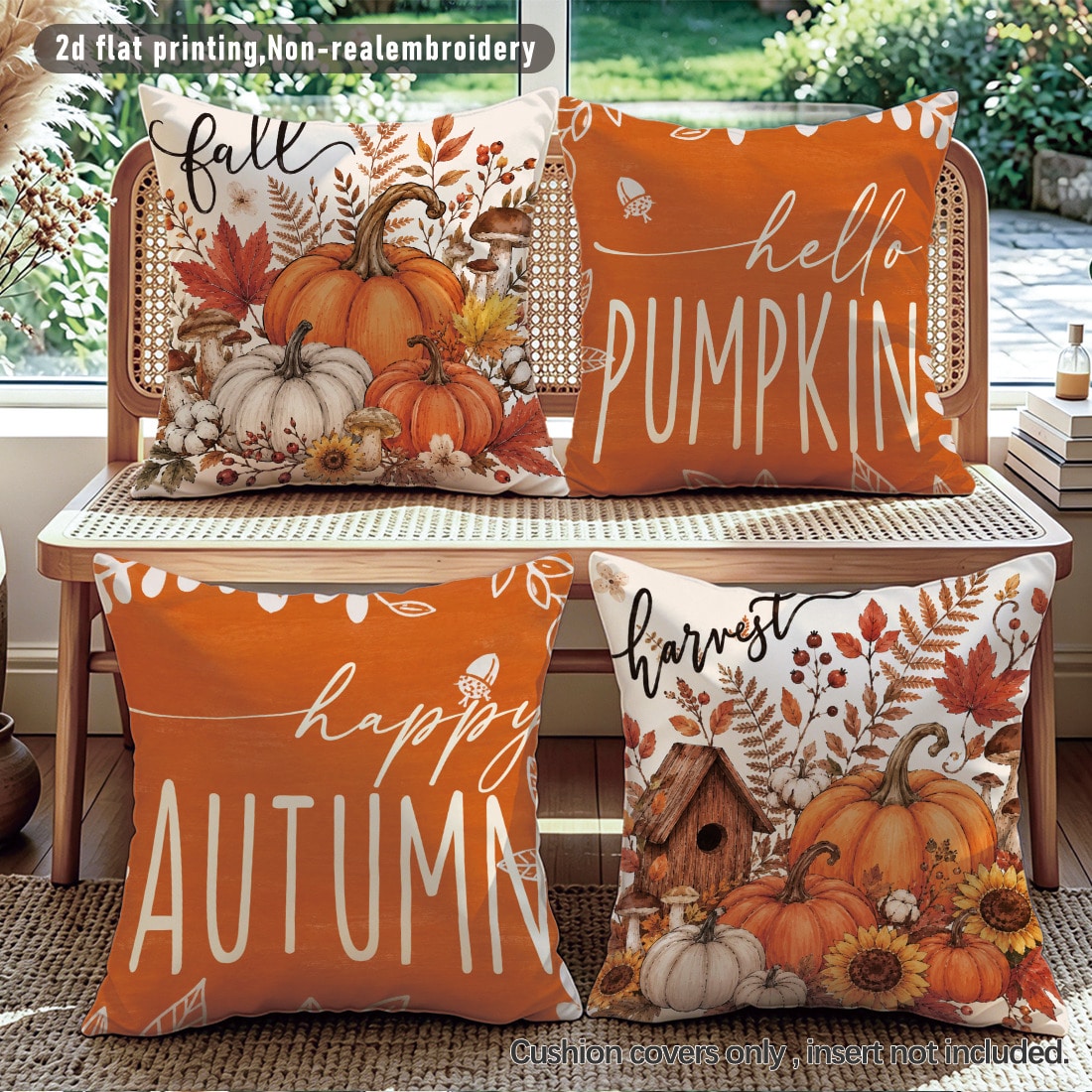 4pcs Minimalist Autumn Pumpkin Maple Leaf Mushroom Floral Cushion Covers, Single-Sided Printed Peach Skin Velvet Polyester Material, 45*45CM/18*18inch Pillow Covers Suitable For Room Decoration, Moder