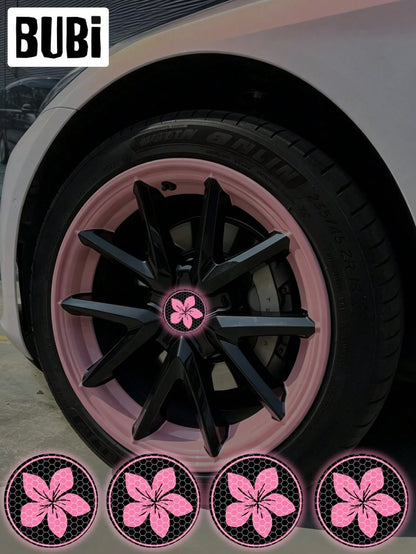 4pcs Reflective Car Wheel Hub Center Stickers Decals Pink JDM Cherry Blossom Cute Flower 5.65cm/2.22in Universal Tire Valve Cap Stickers Decoration Car Motorcycle Bicycle Accessories
