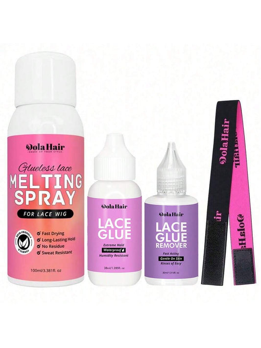 4pcs/Set Including: 2fl.Oz/ 100ml Lace Melting And Holding Spray Glue-Less Liquid Adhesive, Suitable For Closure Hair Extension Extra Hold Natural Forming Hold Protect Edge,Lace Glue And Remover For