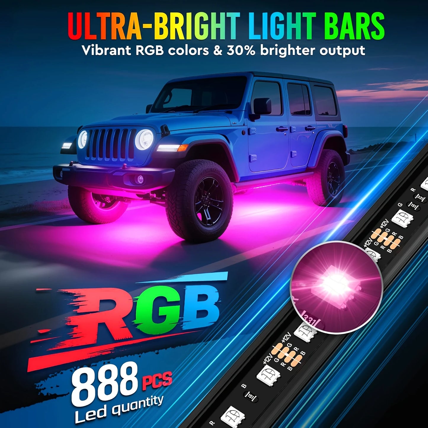 4Pcs Smart Exterior Car Lights, 35in+47in Car Underglow Neon Accent Strip Lights, RGB 8 Color Sound Active Function 16 Million Music Mode With Wireless Remote Control Underbody Light Strips For Car Va