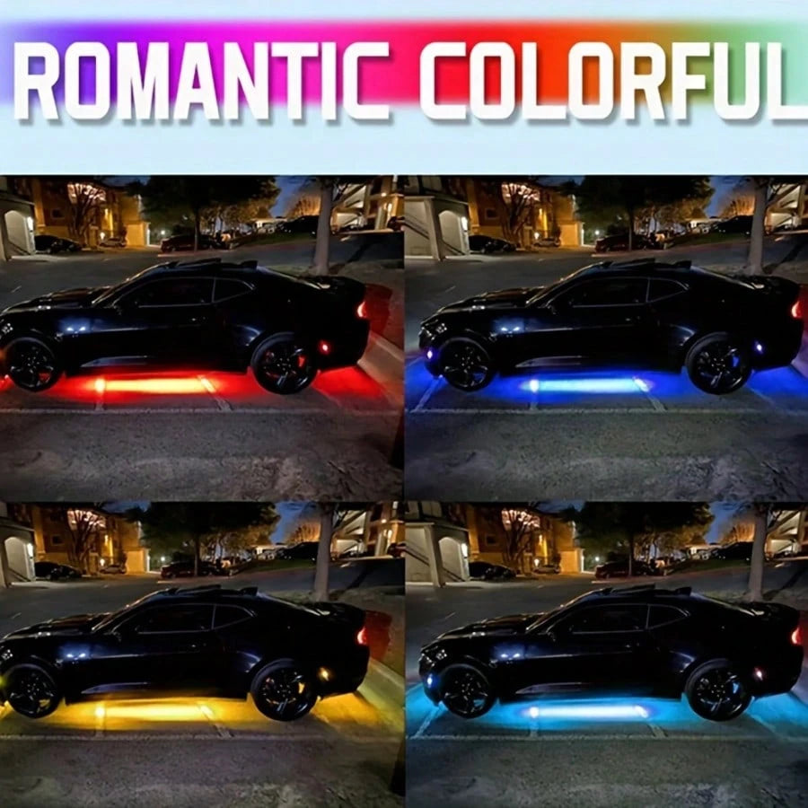 4Pcs Smart Exterior Car Lights, 35in+47in Car Underglow Neon Accent Strip Lights, RGB 8 Color Sound Active Function 16 Million Music Mode With Wireless Remote Control Underbody Light Strips For Car Va