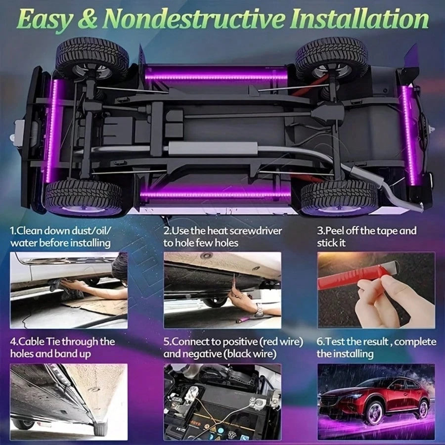 4Pcs Smart Exterior Car Lights, 35in+47in Car Underglow Neon Accent Strip Lights, RGB 8 Color Sound Active Function 16 Million Music Mode With Wireless Remote Control Underbody Light Strips For Car Va