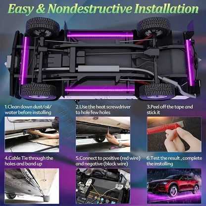 4Pcs Smart Exterior Car Lights, 35in+47in Car Underglow Neon Accent Strip Lights, RGB 8 Color Sound Active Function 16 Million Music Mode With Wireless Remote Control Underbody Light Strips For Car Va