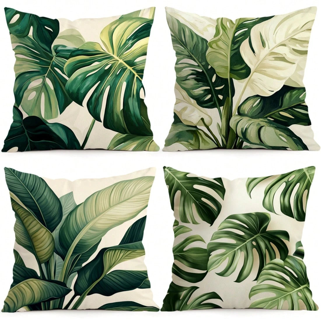 4pcs Tropical Green Leaves Summer Cushion Cover Set, Single-Sided Printed