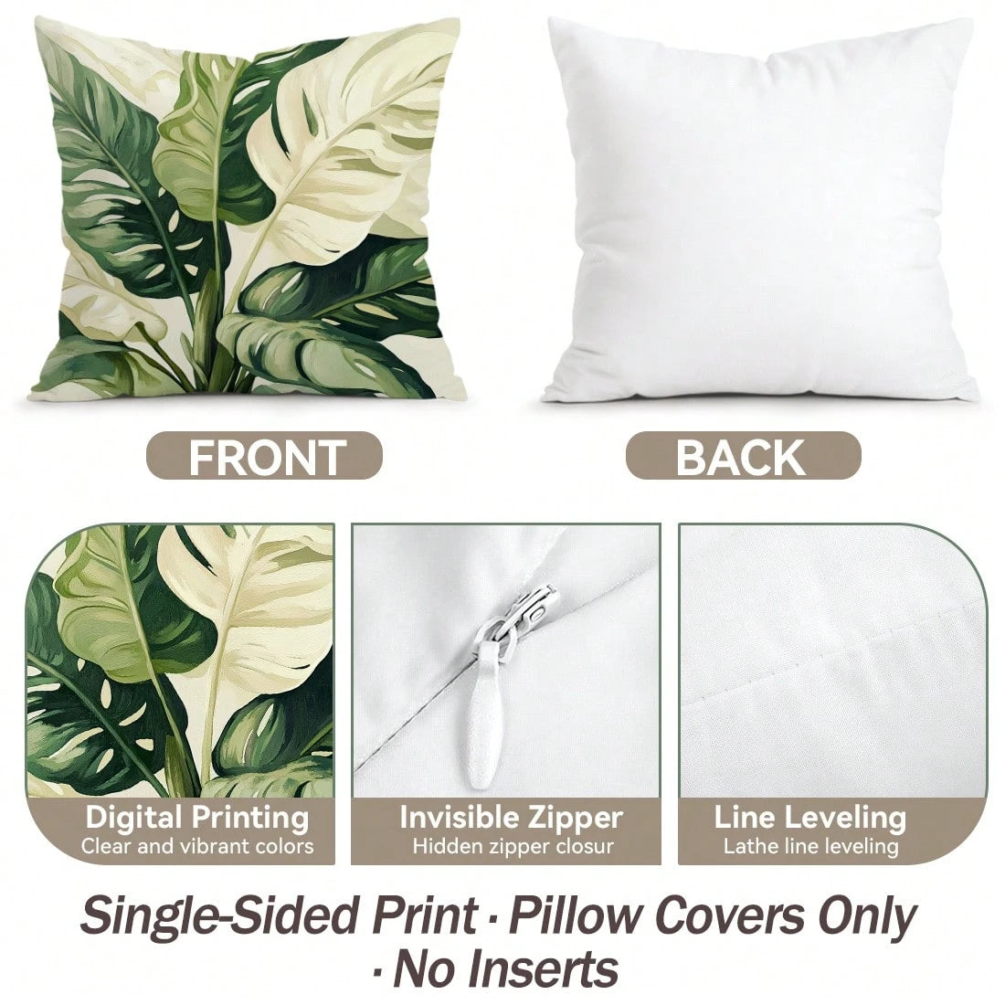 4pcs Tropical Green Leaves Summer Cushion Cover Set, Single-Sided Printed