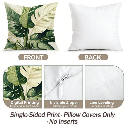 4pcs Tropical Green Leaves Summer Cushion Cover Set, Single-Sided Printed