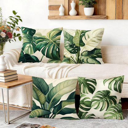 4pcs Tropical Green Leaves Summer Cushion Cover Set, Single-Sided Printed